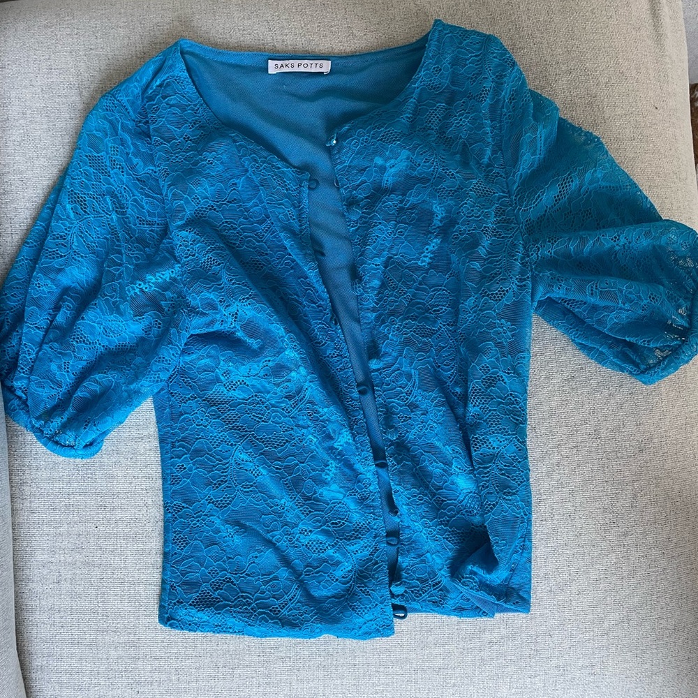 Saks Potts lace button up short sleeved blouse